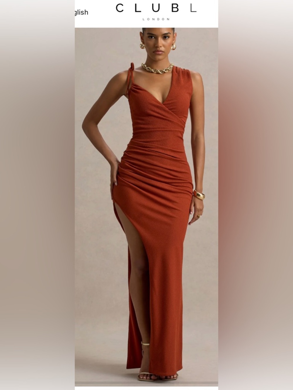 NWTs Club L London Sz 8 UK Island Girl Rust Asymmetric Maxi Dress With Split